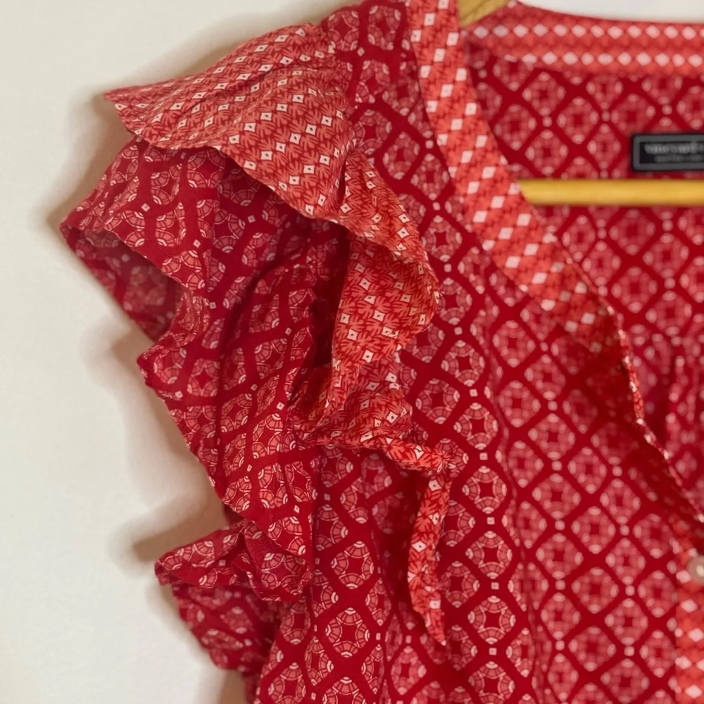 Vineyard Vines Red Tile Patterned Ruffle Blouse - Picture 3 of 6